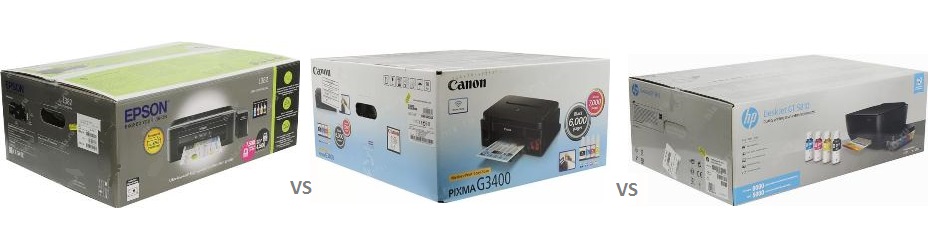Сравнение принтеров Epson L382, Canon PIXMA G3400 и HP DeskJet GT 5810